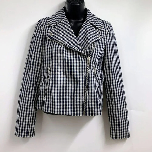 J.‎ Crew Women's Gingham Plaid Linen Blend Motorcycle Jacket Size 00 - Picture 1 of 14
